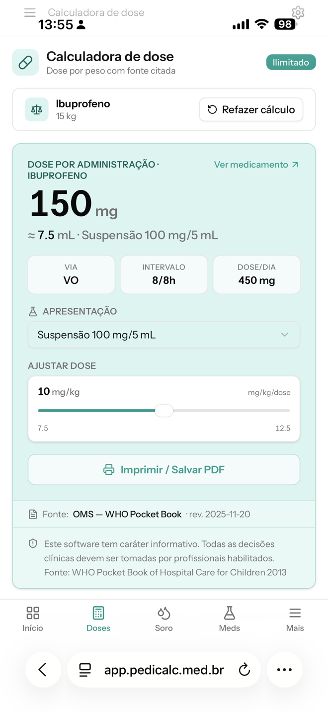 PediCalc no celular — dose calculada de ibuprofeno: 150 mg por administração, com via, intervalo e dose diária