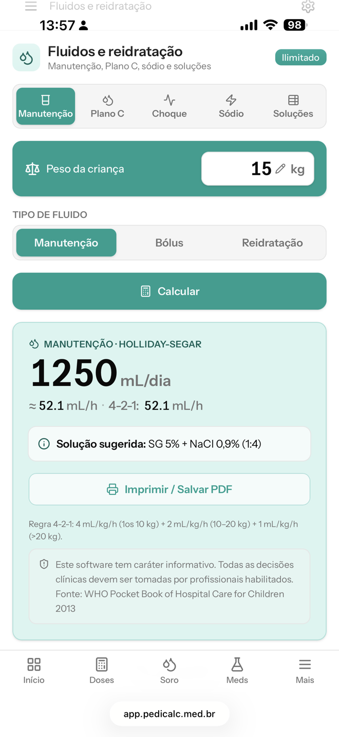 PediCalc — fluidos e reidratação: manutenção, bólus e reidratação calculados pelo peso